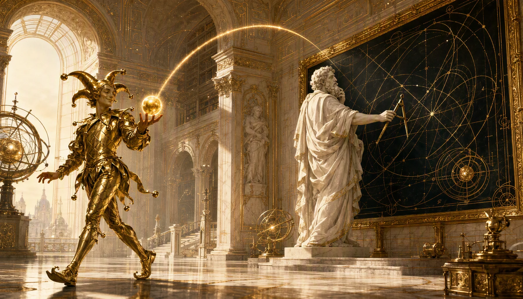 A marble philosopher calculates the flight path of a ball on a gilded blackboard, while a golden jester catches the ball without looking